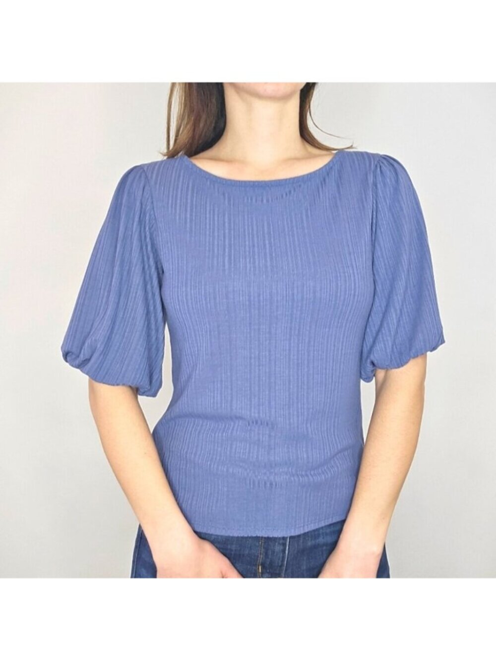 W5 Dusty Blue Ribbed Women's Balloon Sleeve Top Size Small